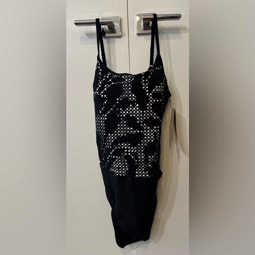 Black & White Perforated One-Piece Swimsuit. NWT. Size 16